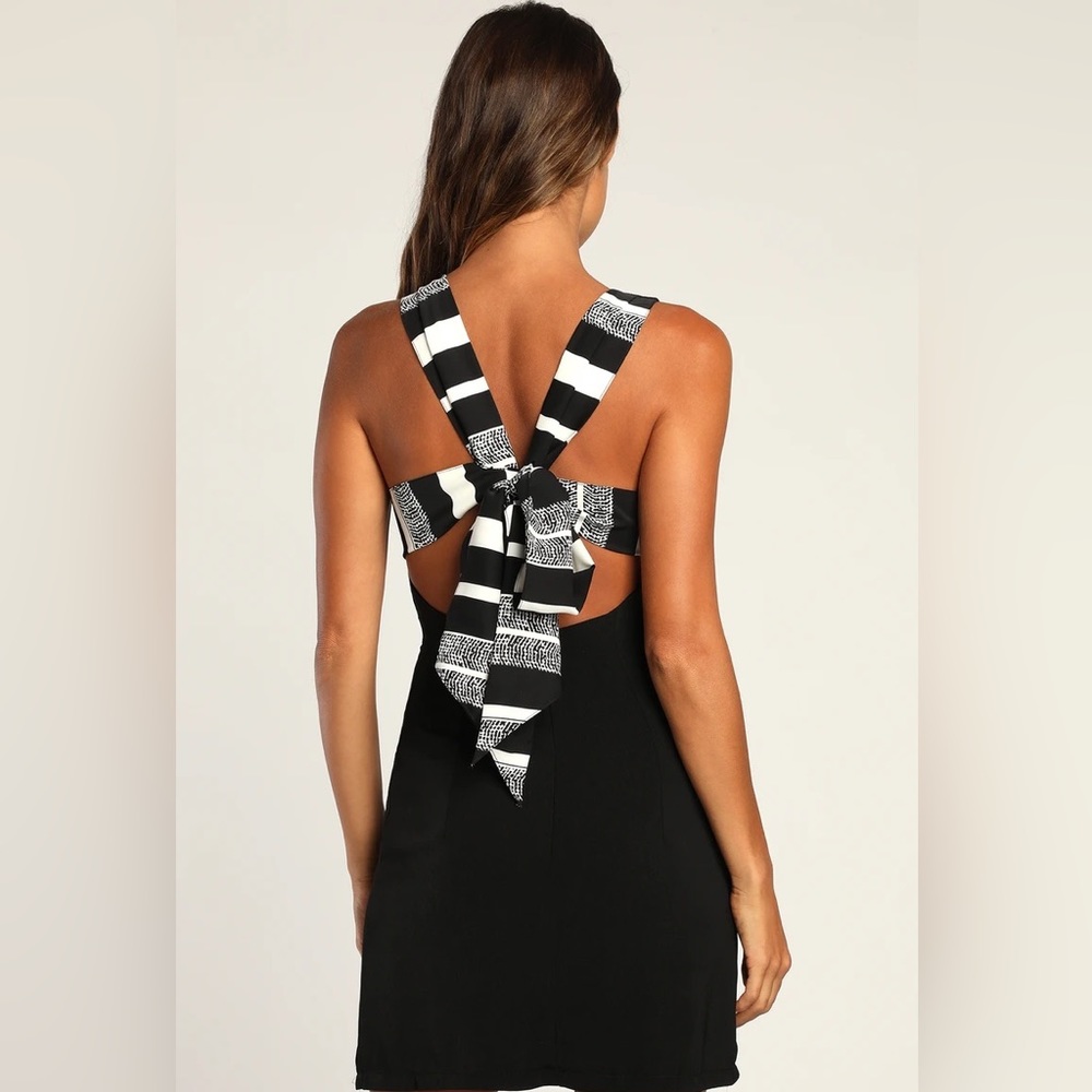 LULUS Joyful Black Multi Stripe Tie-Back Mini Dress Size S